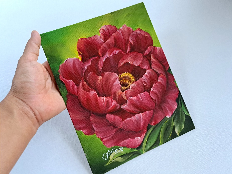 Pintura acrílica de peonía roja. - Imagen 3