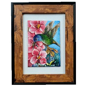 Pintura de paisaje y colibrí.
